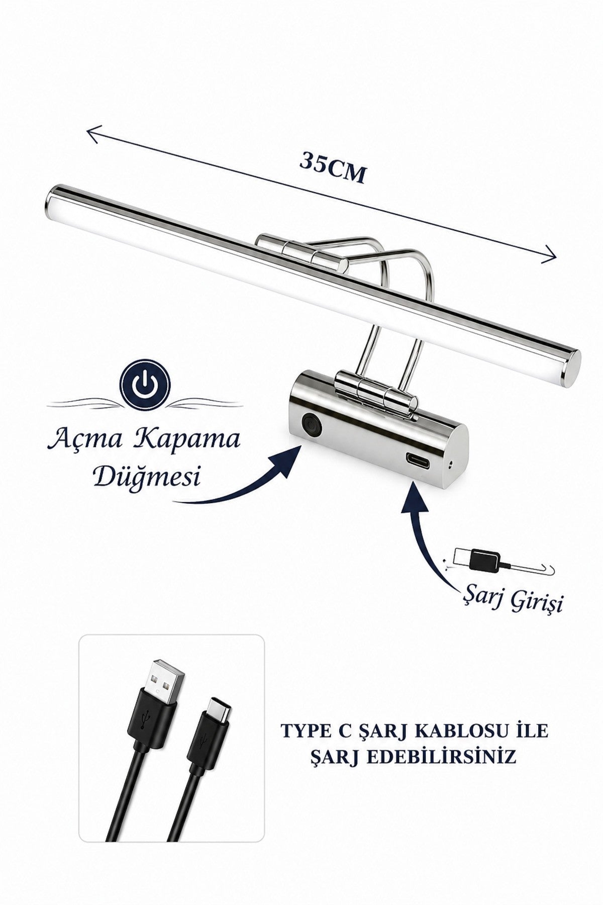 Flüt Aplik / 35CM / Şarjlı LED Aplik / Type-C USB Kablosuz Duvar Lambası 8W Gün Işığı 4000K