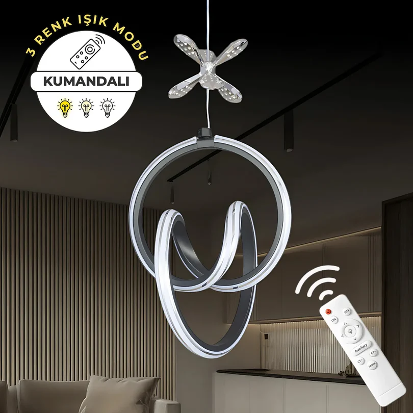 Yaren Modern LED Sarkıt Avize Kumandalı 3 Renk Ayarlı Dekorlu Avize